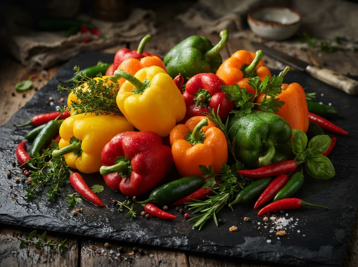 Colorful bell peppers with fresh herbs