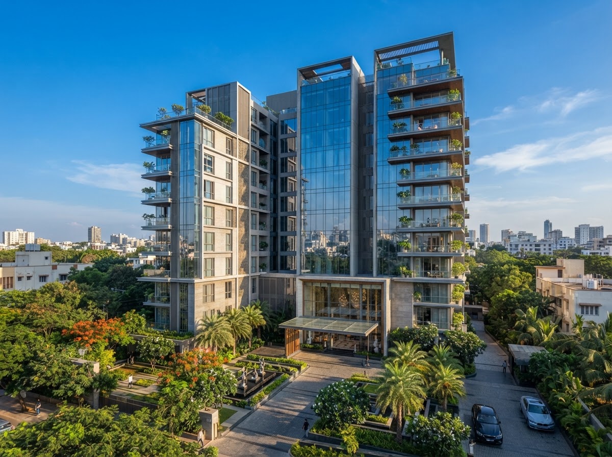 Modern luxury apartment building exterior in Bengaluru