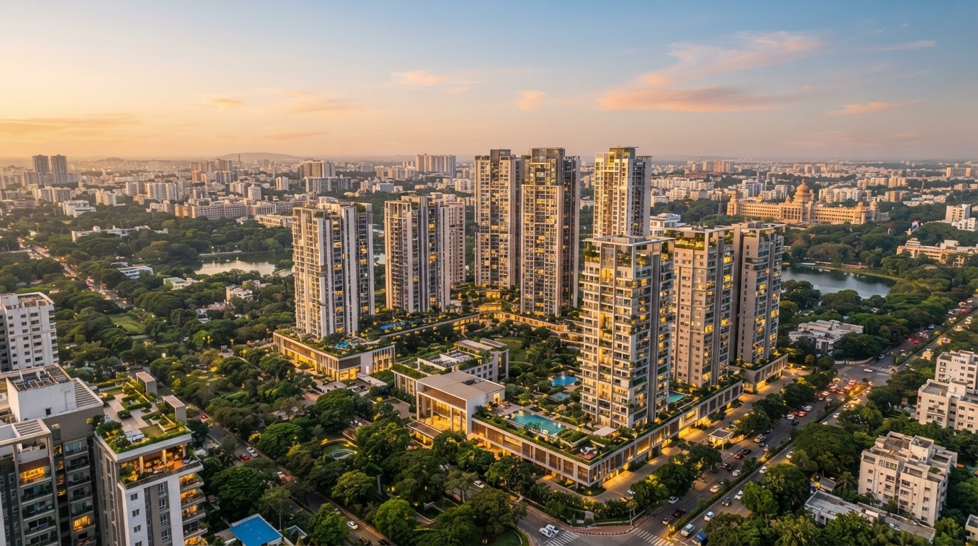 Premium residential apartment skyline in Bengaluru at golden hour