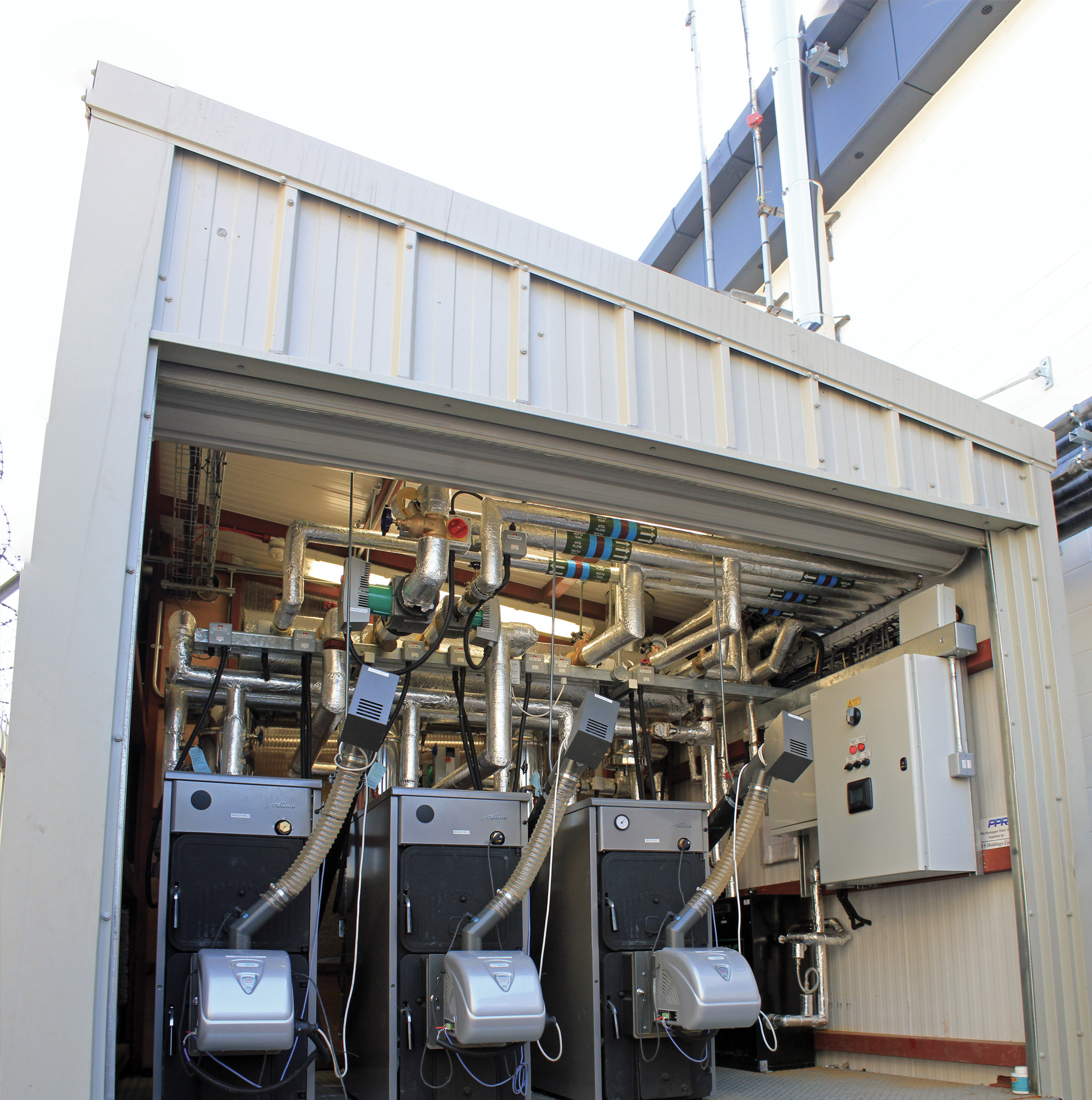 BSH Limited energy plantroom technical specification diagram showing modular build dimensions and multi-fuel system configuration