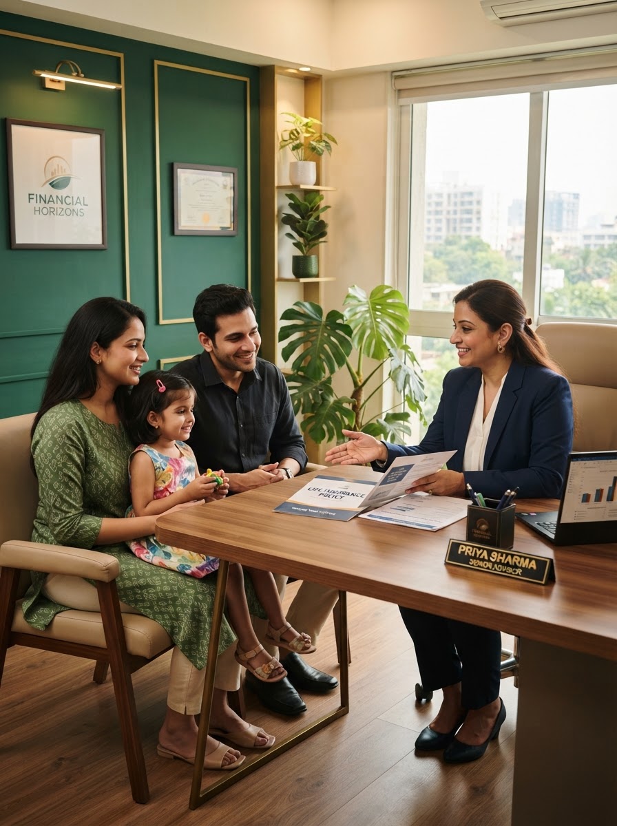A Bhimaguru financial advisor discussing insurance and planning with a family
