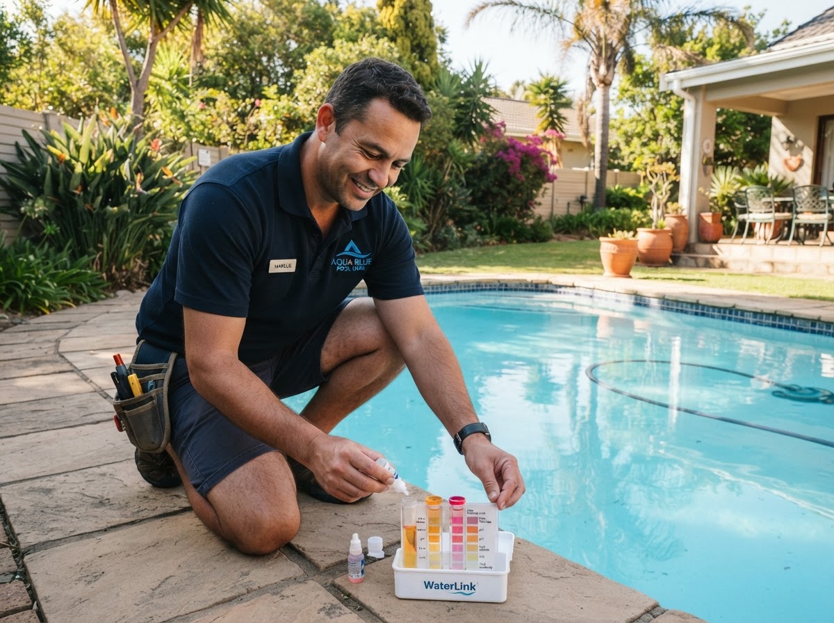 Pool technician testing water chemistry beside a residential pool