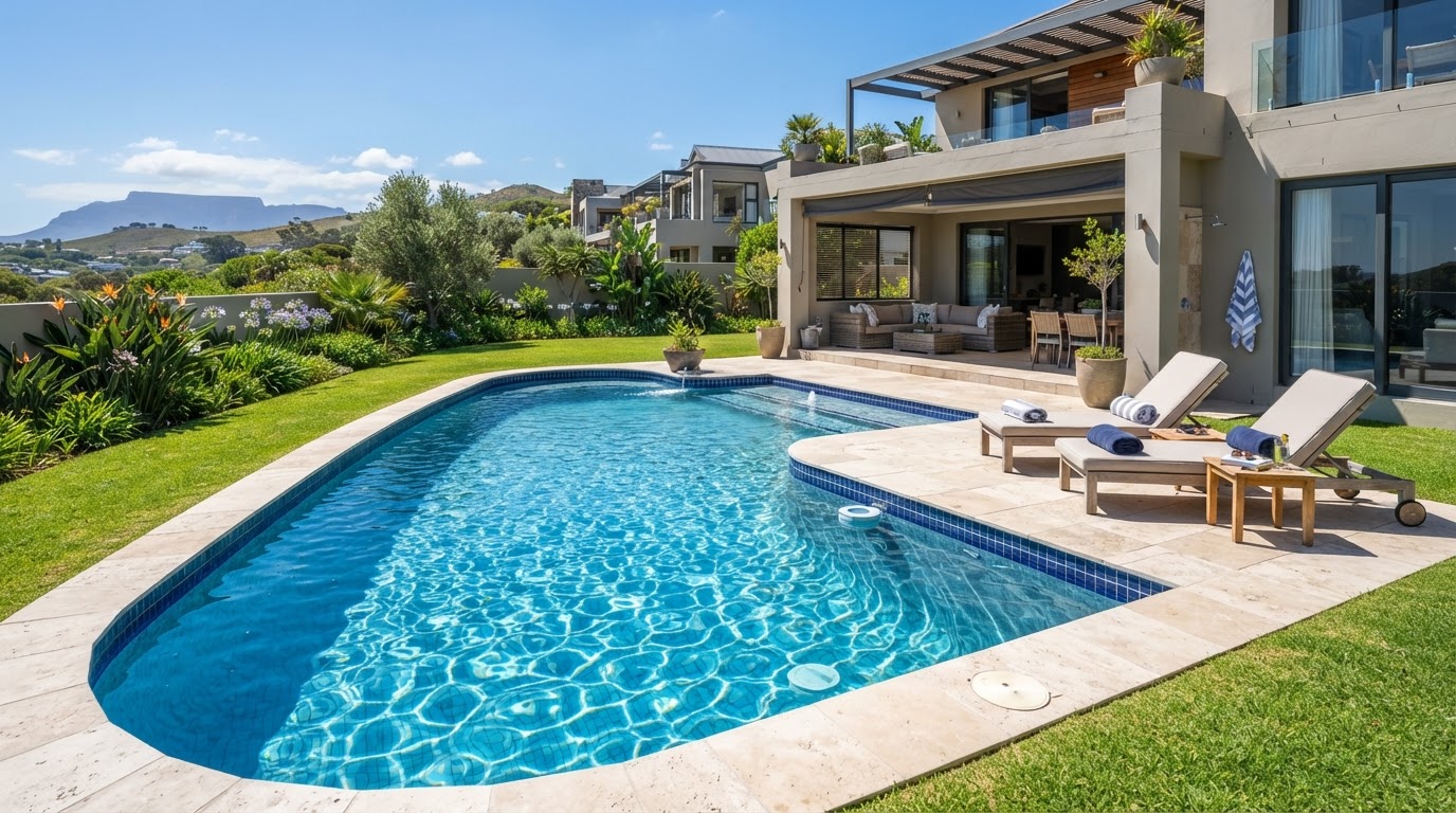 Sparkling residential pool in a Sunningdale home on a sunny summer day