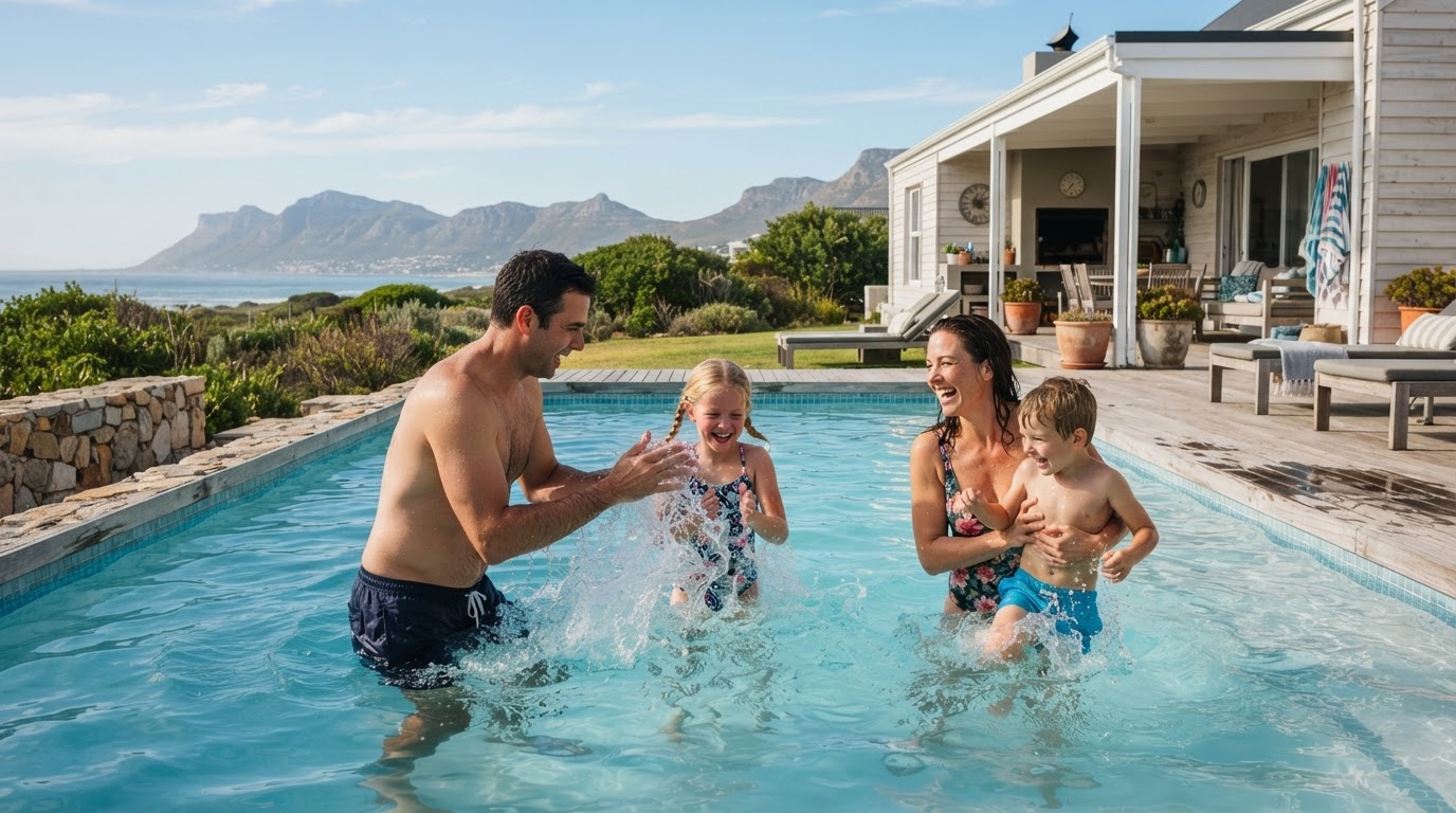 Family enjoying a sparkling backyard pool on a sunny weekend
