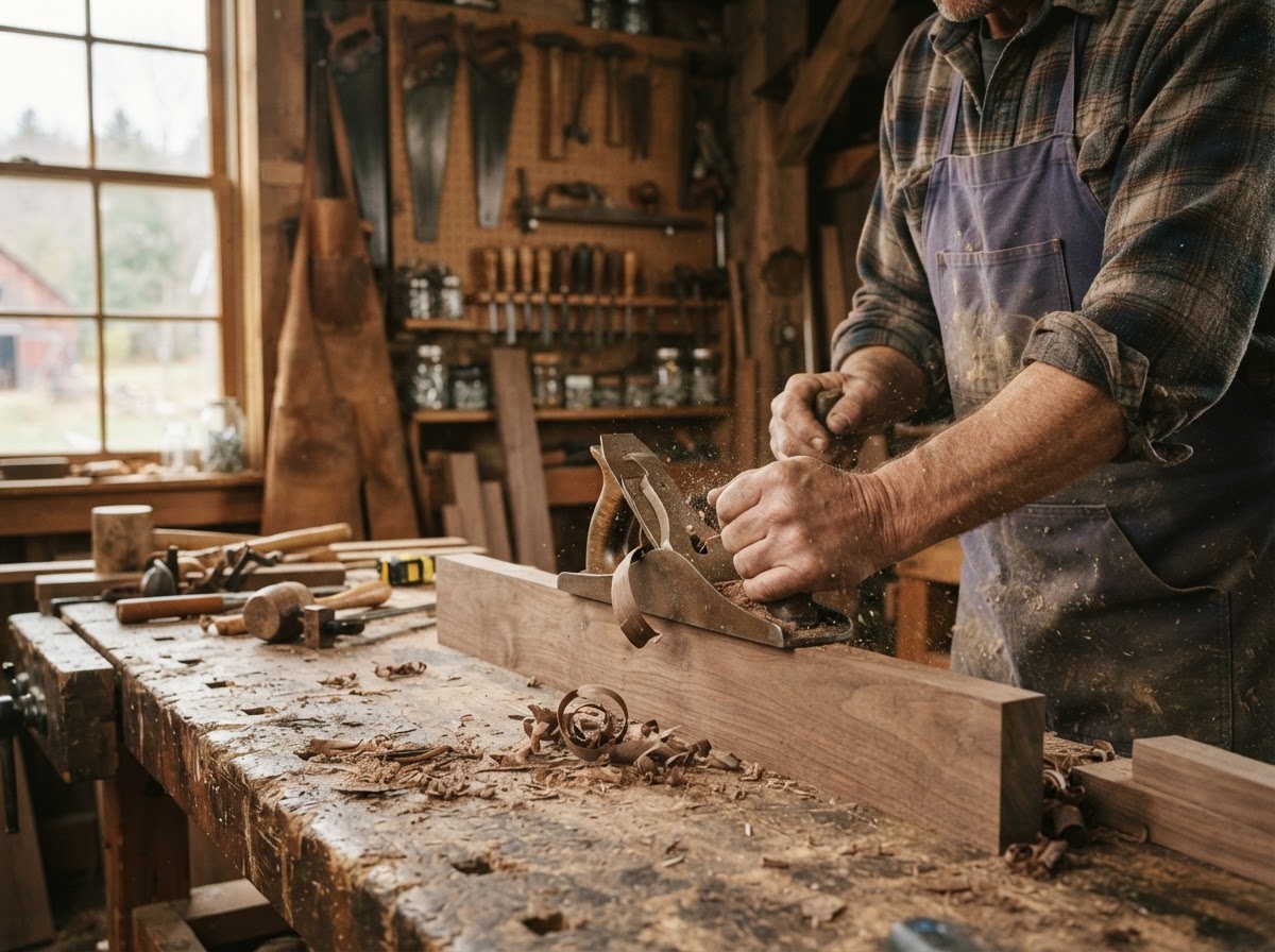 Craftsman working with wood and hand tools