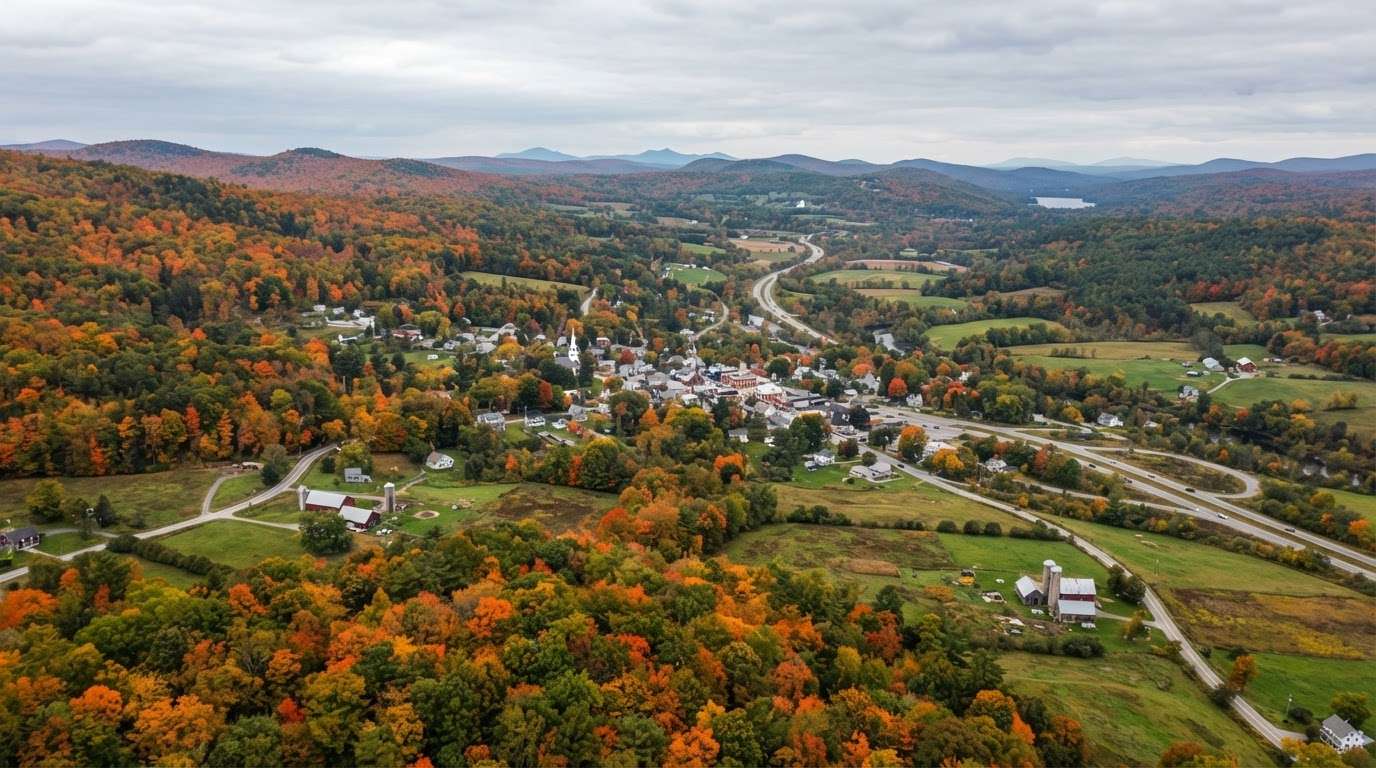 Aerial view of Northeast Kingdom farmland and forest