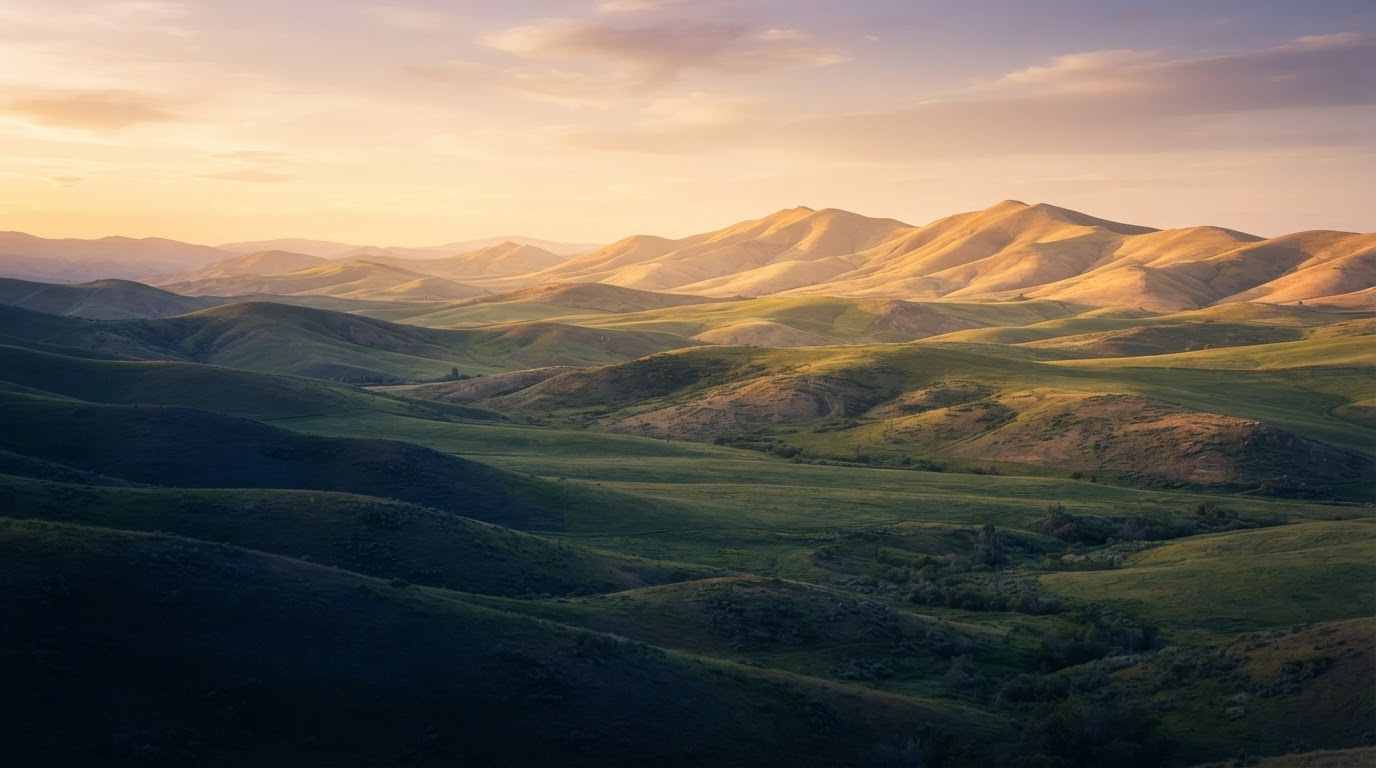 Rolling rural land at golden hour
