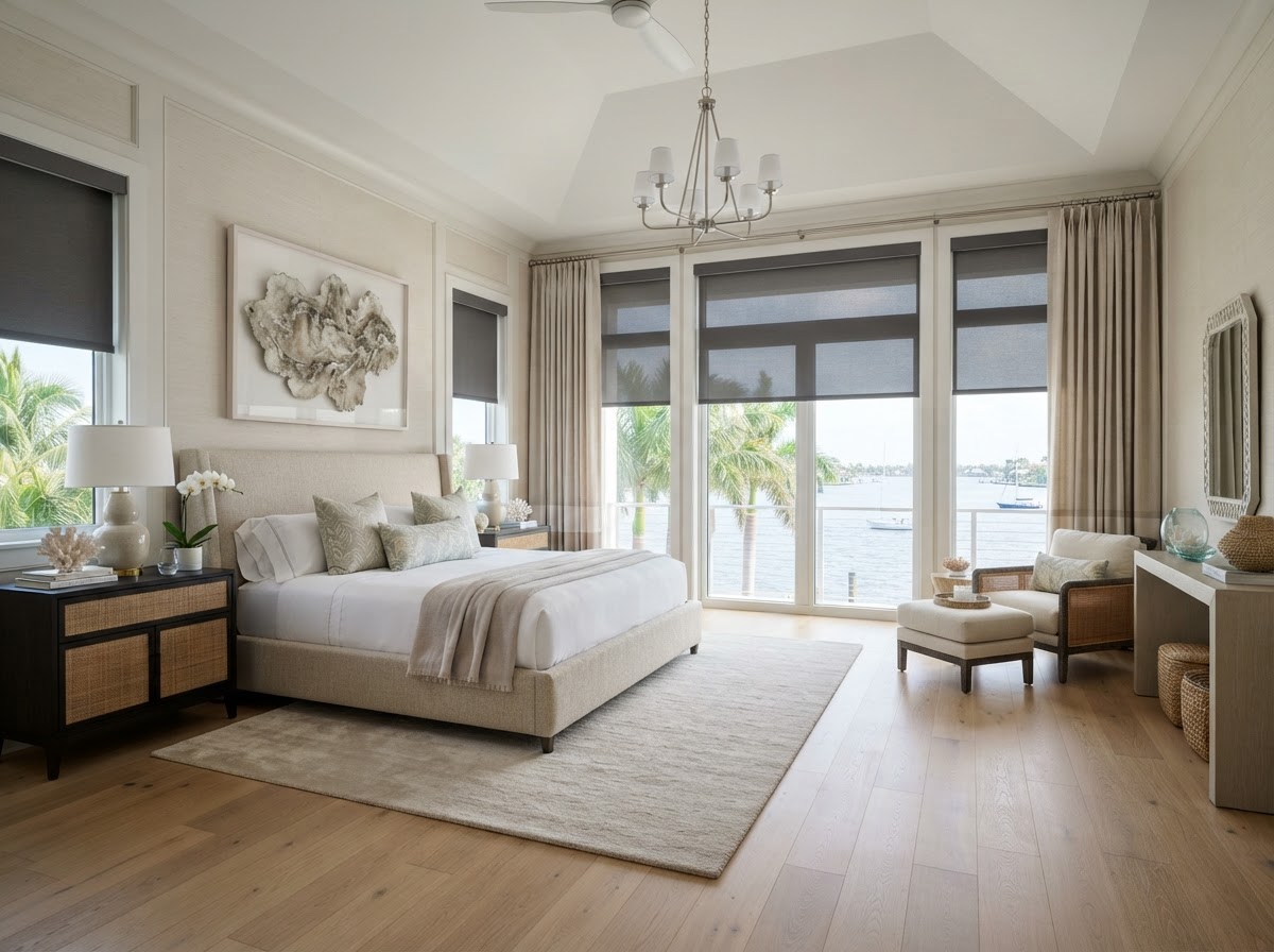 Bedroom with blackout shades and custom window treatments by Architectural Design Shutters Inc.