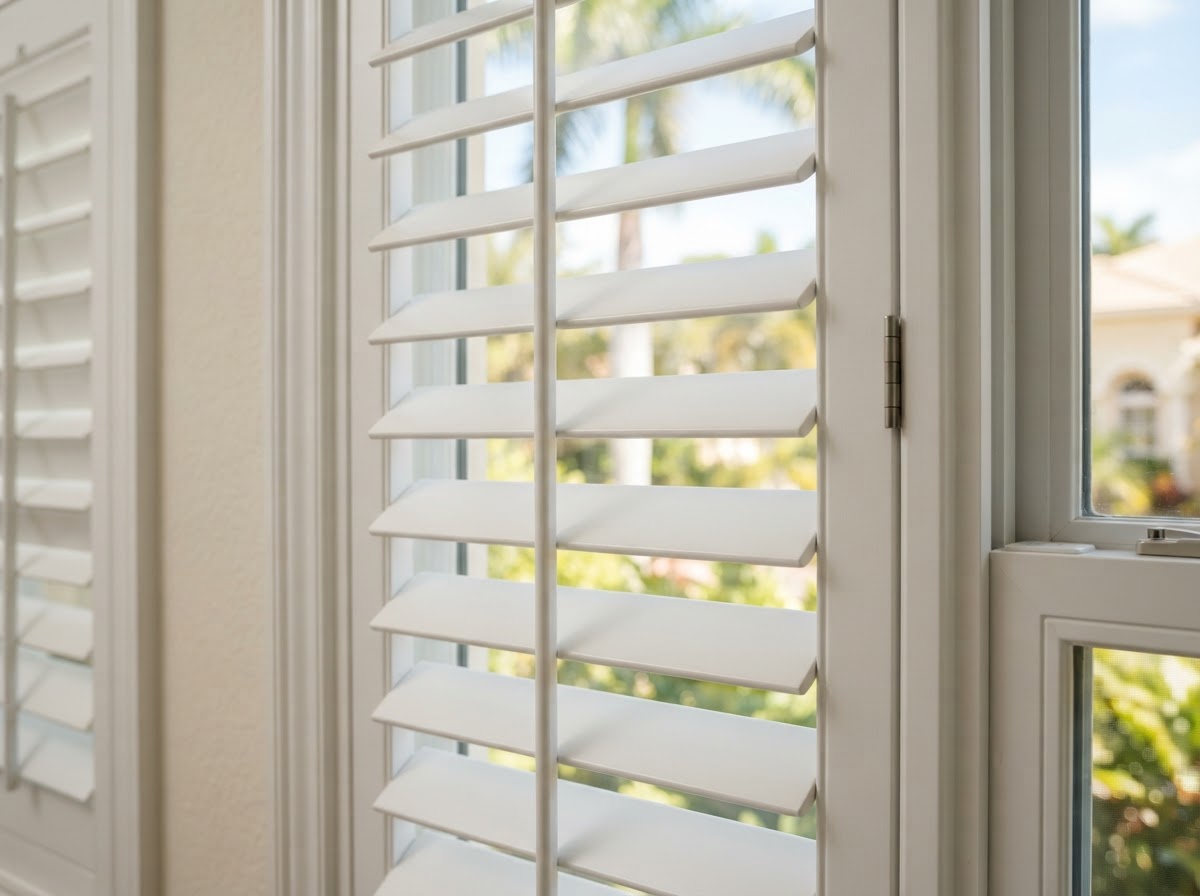 Detail of premium white plantation shutters crafted by Architectural Design Shutters Inc.