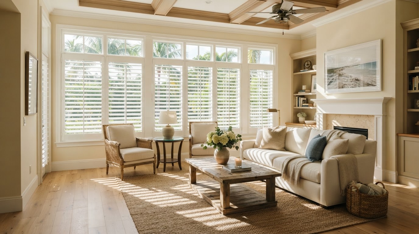 Bright Naples living room with custom white plantation shutters installed by Architectural Design Shutters Inc.