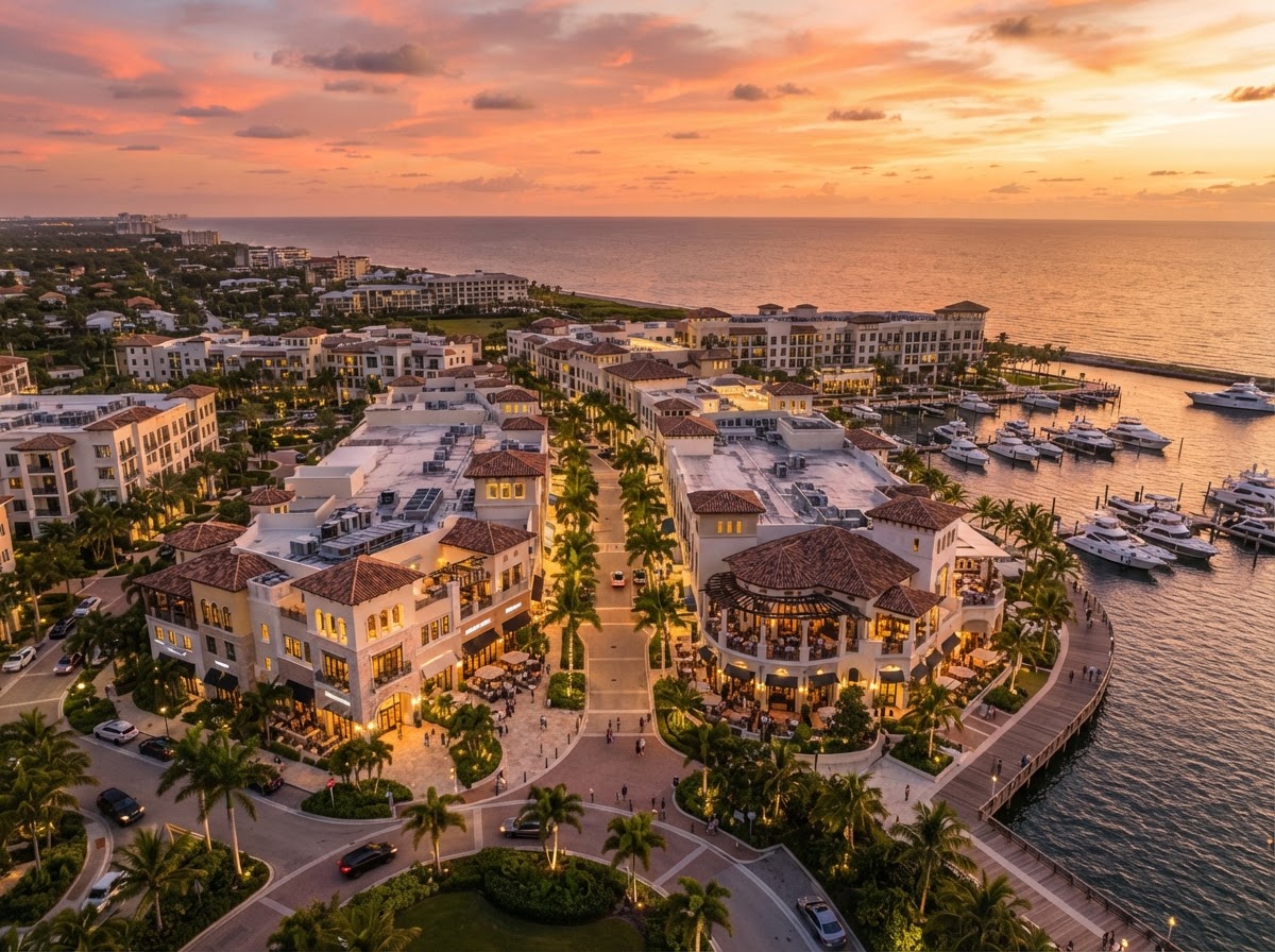 Drone aerial of a Florida coastal commercial development at sunset, Howell Studios