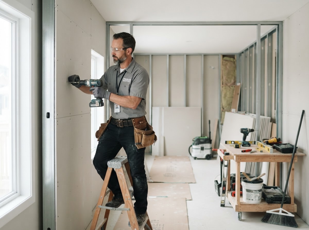 Contractor installing drywall in a renovated interior
