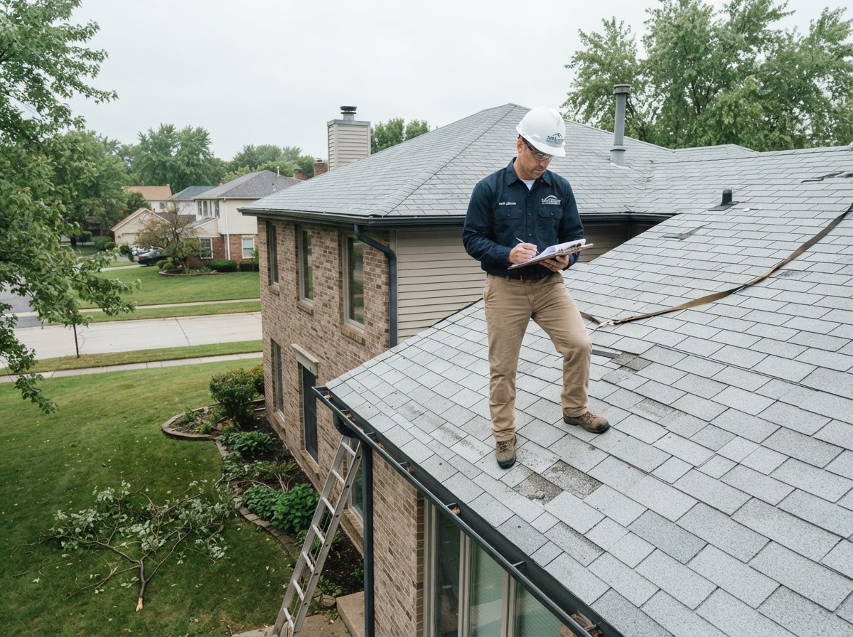 Professional inspecting a residential roof after a storm