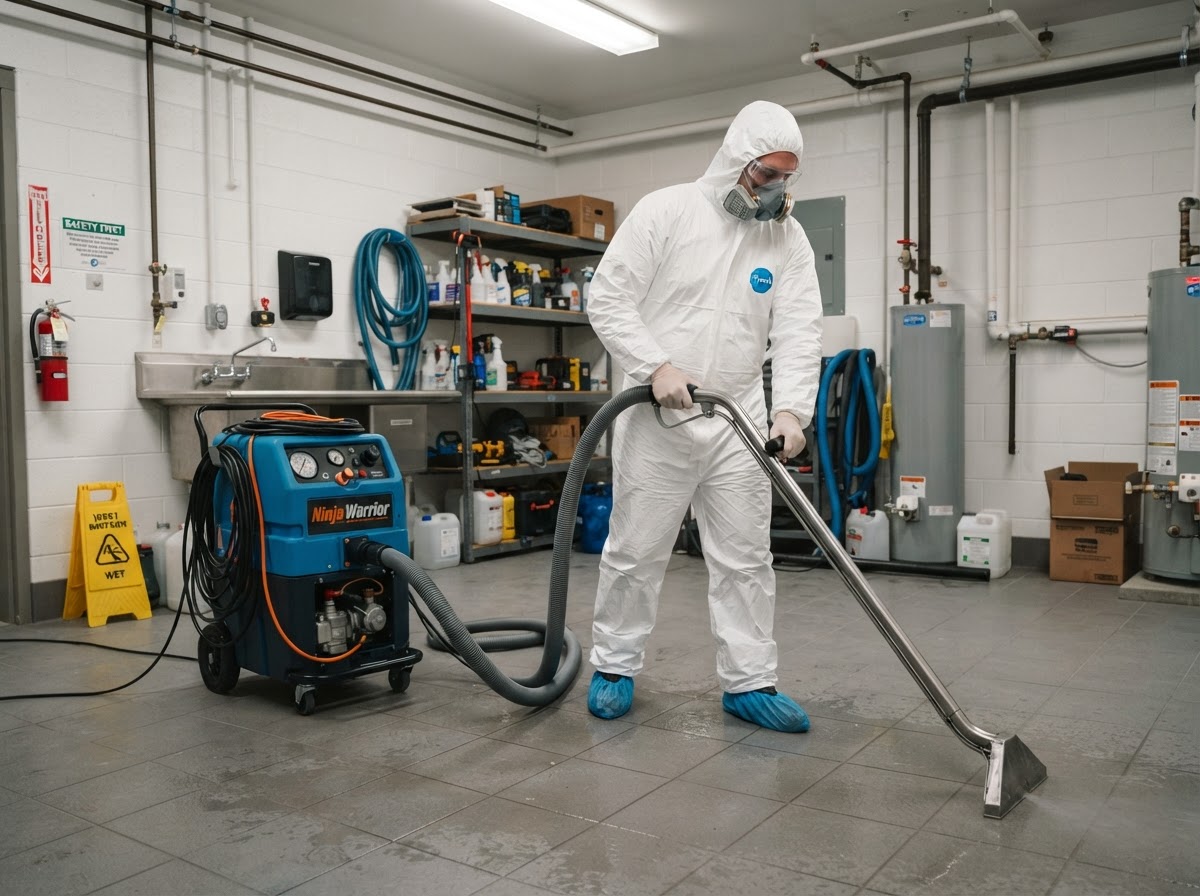 Professional in protective suit operating extraction equipment