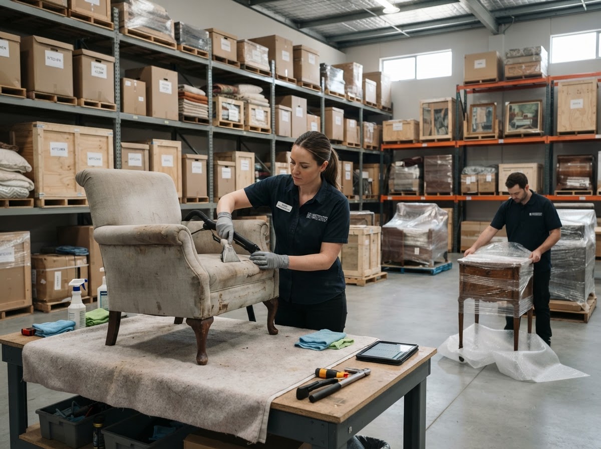 Professional cleaning and wrapping furniture in a restoration facility