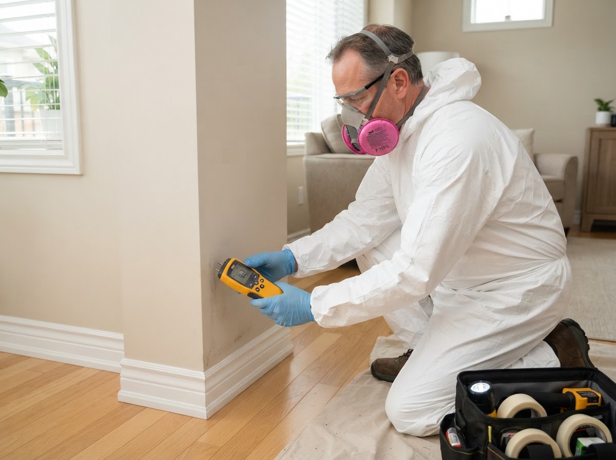 Professional in protective gear inspecting a wall with a moisture meter