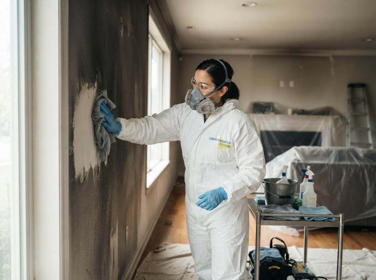 Restoration professional wiping soot from a wall