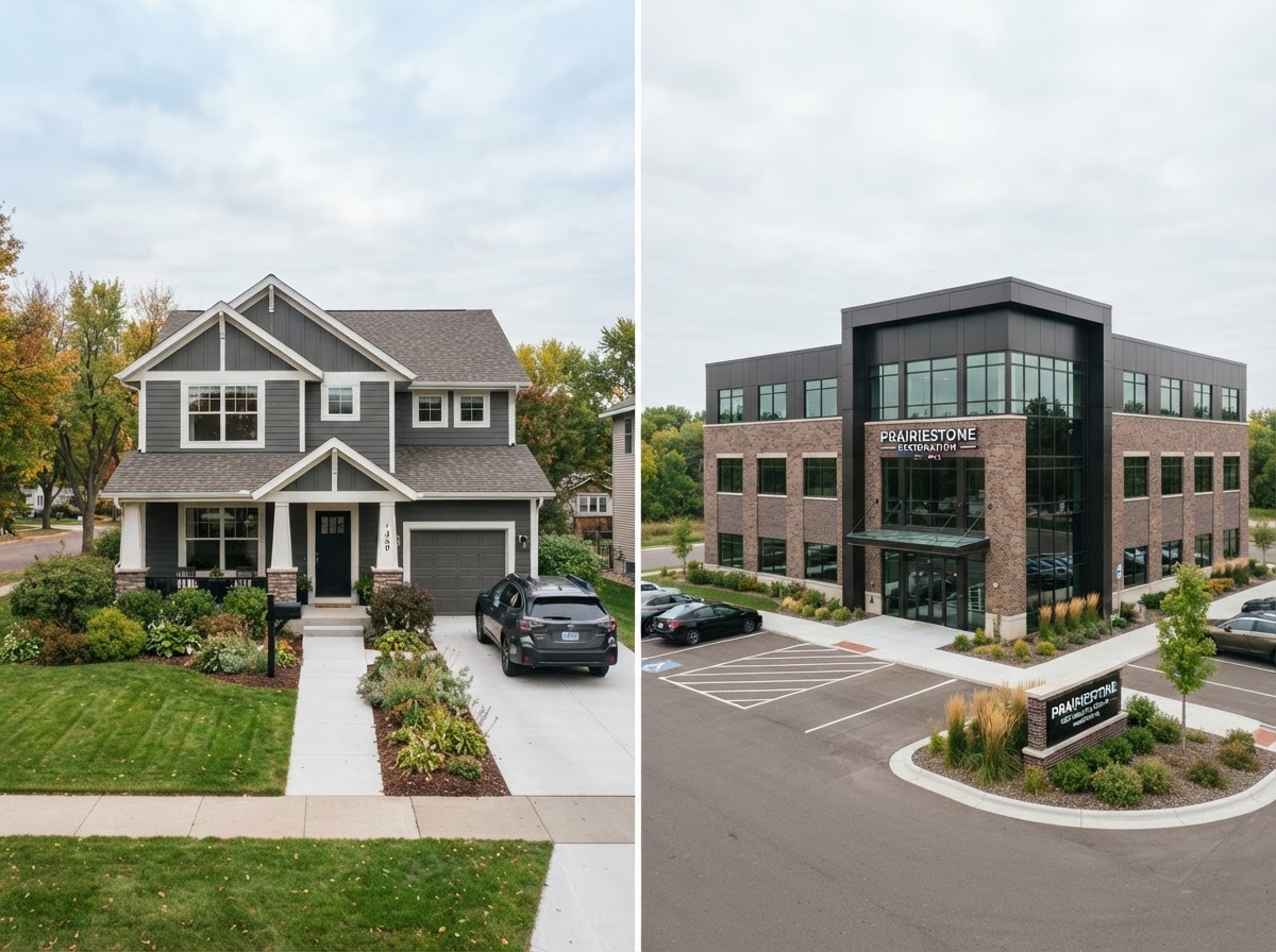 Suburban home and commercial building exteriors