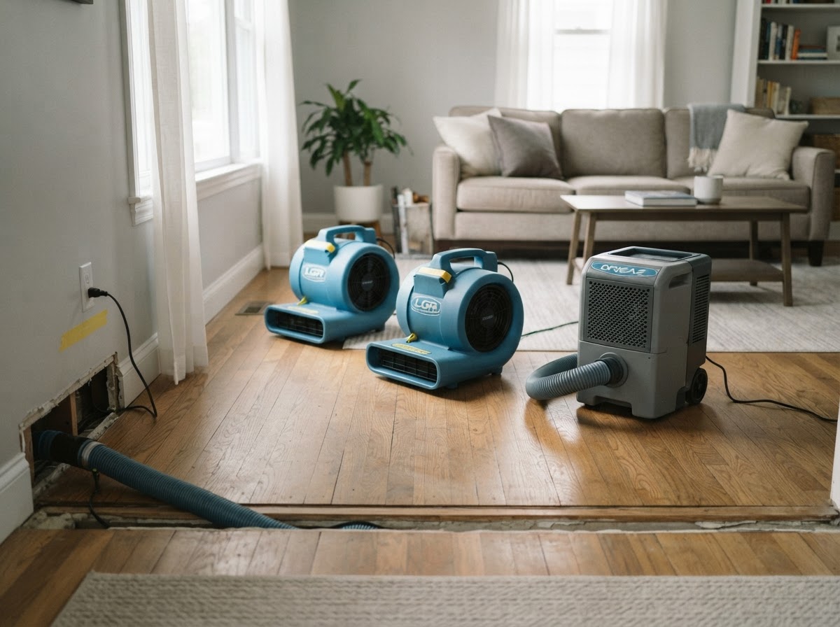 Professional air movers and dehumidifier drying a hardwood floor