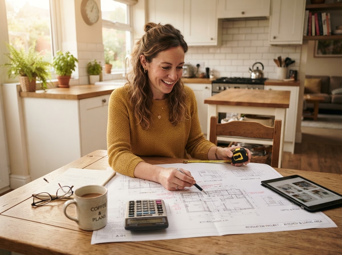 Homeowner reviewing renovation plans at a kitchen table