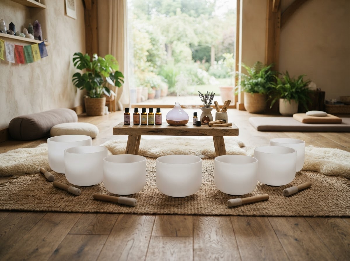 Crystal singing bowls and essential oil bottles in a wellness setting