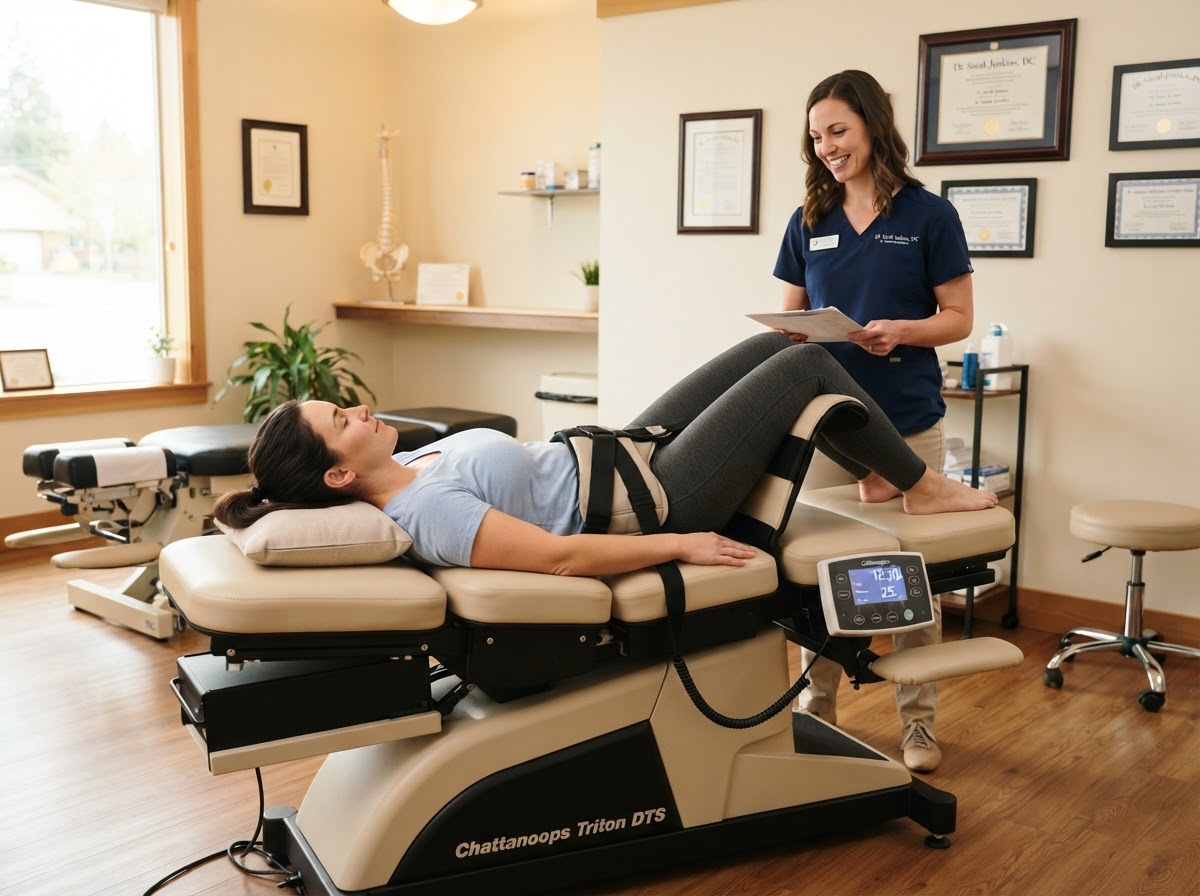 Patient lying on a spinal decompression traction table