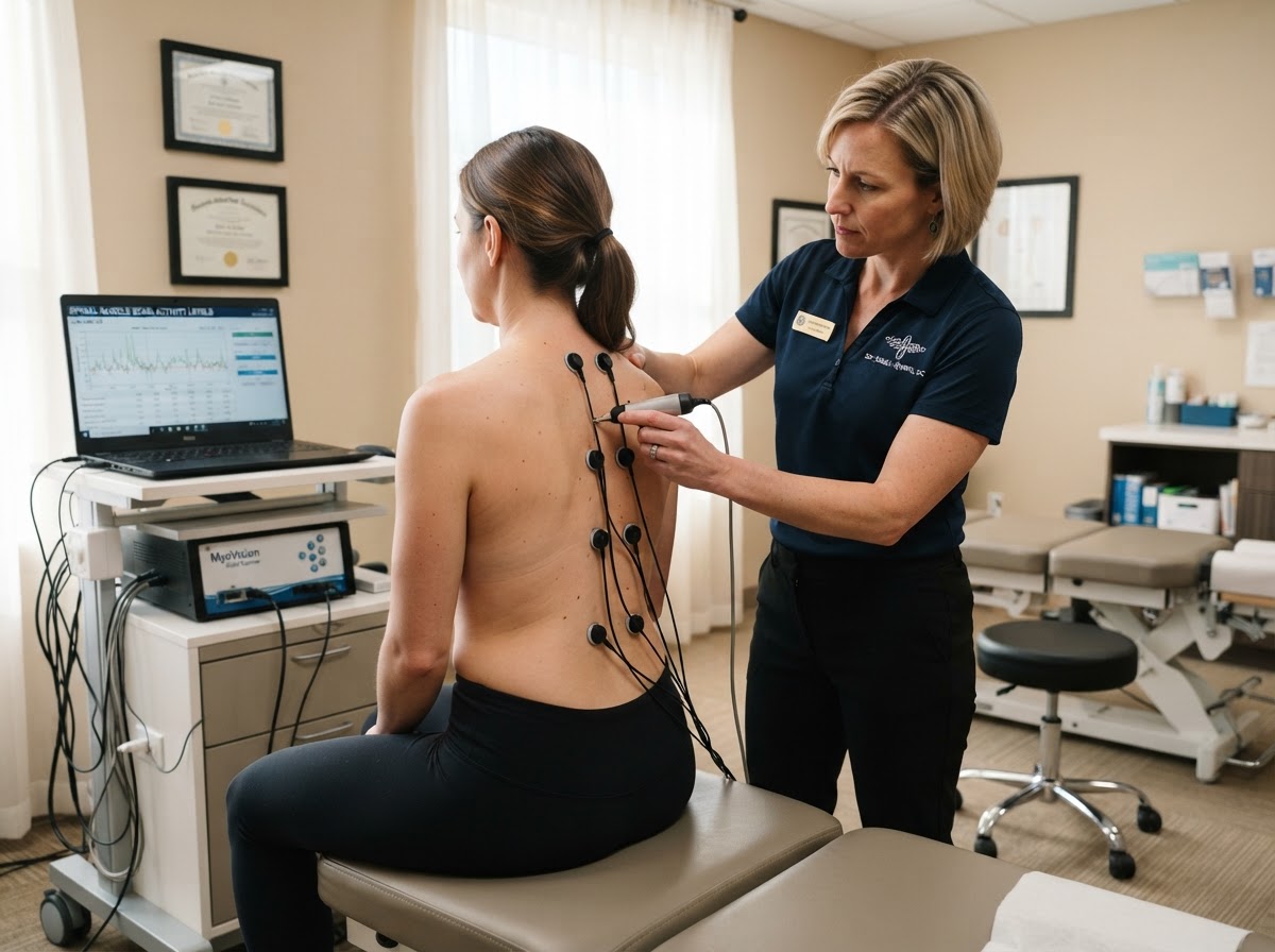 Surface EMG scan being performed along a patient's spine