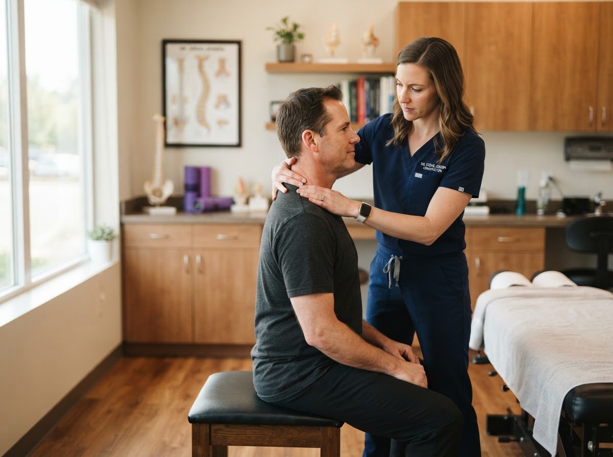 Patient consultation and exam with a chiropractor