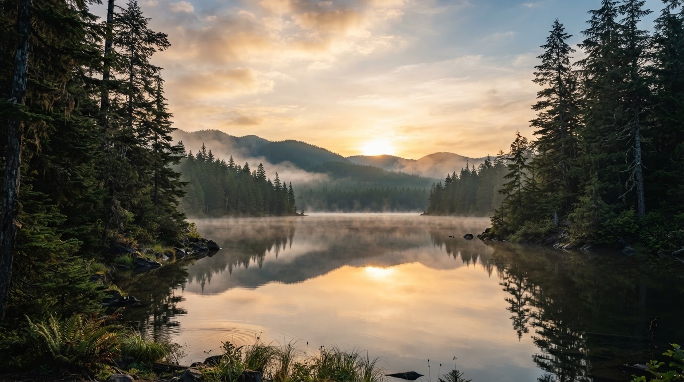 A warm golden sunrise over a quiet forest lake