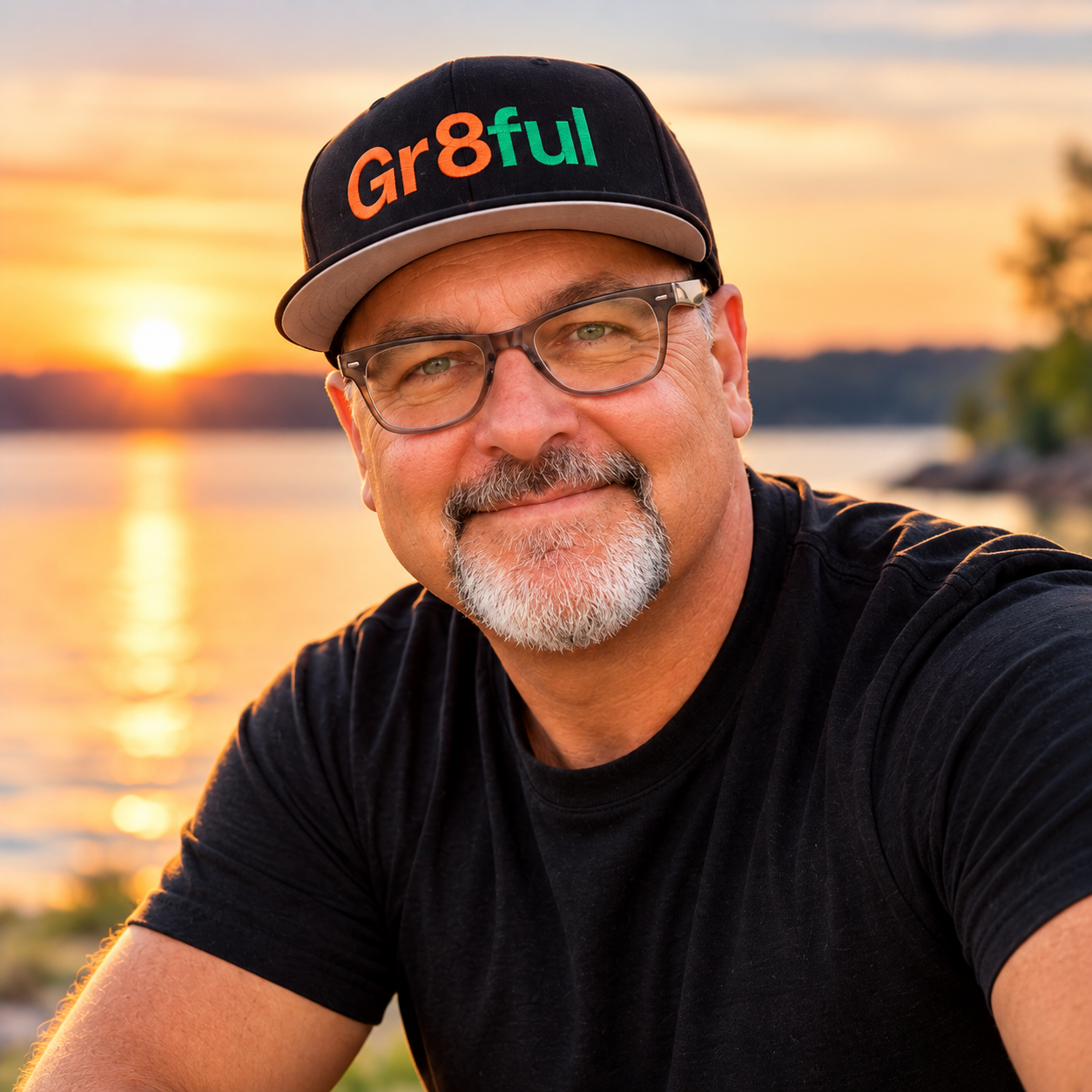 Jerry McGeehan, founder of Gr8fullife, smiling at sunset by the water