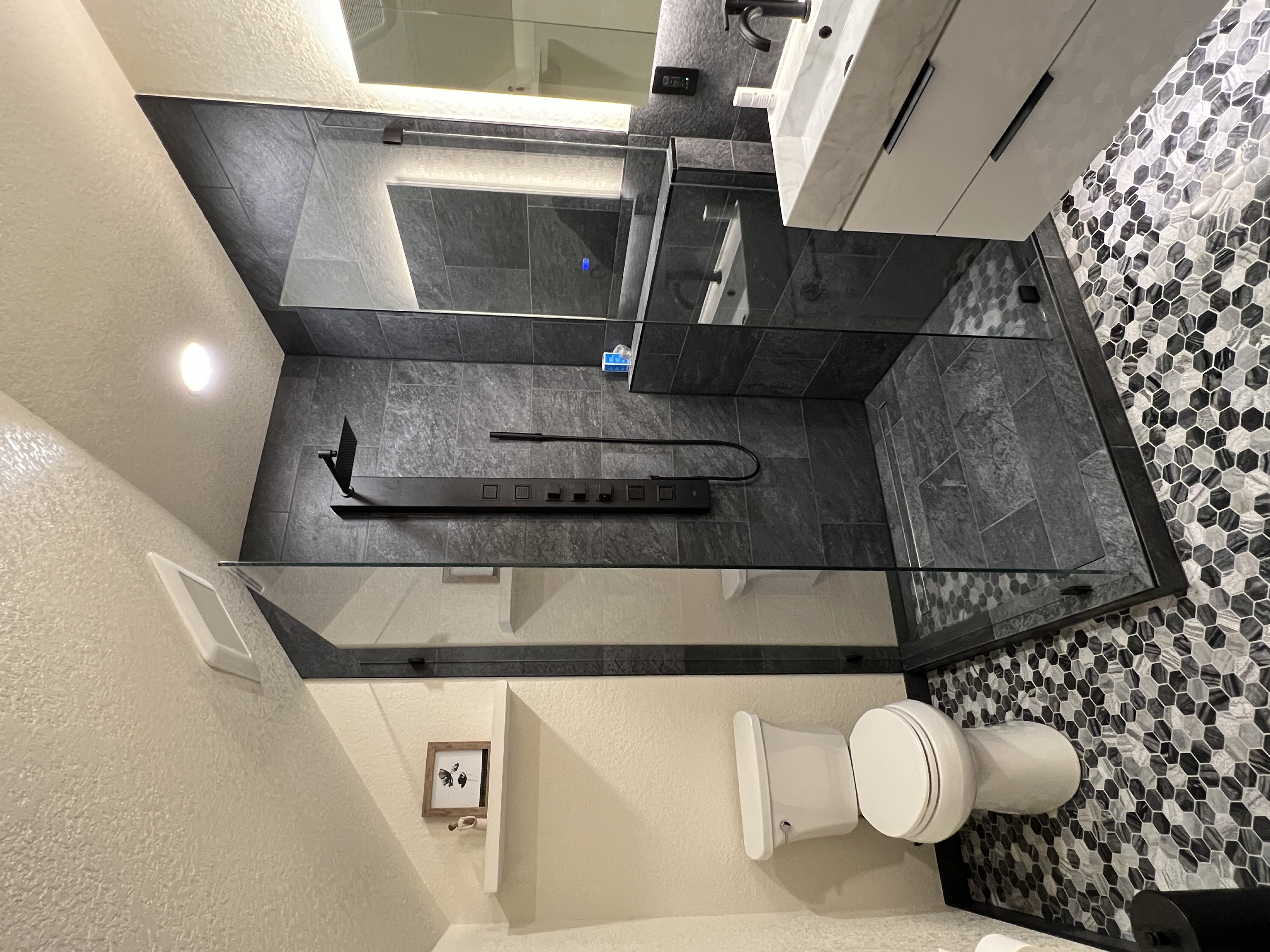 Slate Shower with Hexagon Floor & Floating Vanity