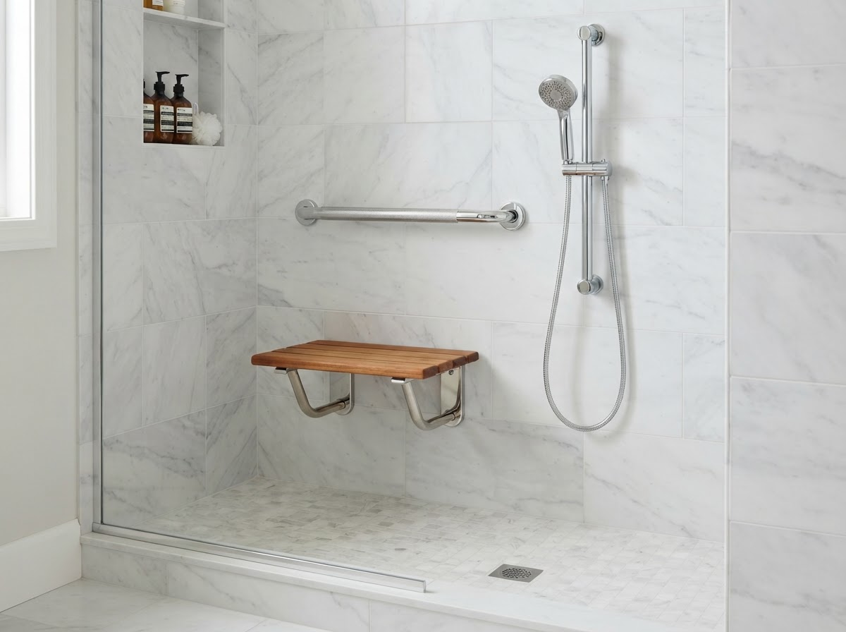 Accessible walk-in shower detail with grab bar, fold-down seat, and handheld wand