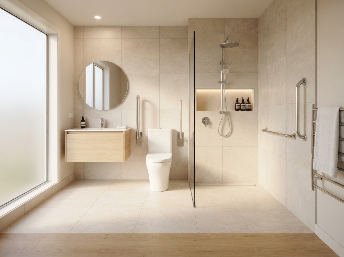 Finished accessible bathroom with walk-in shower and grab bars in an Akron area home