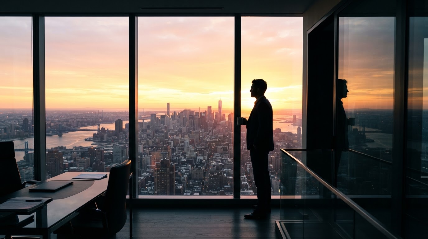 Unternehmer blickt über die Stadt bei Sonnenaufgang
