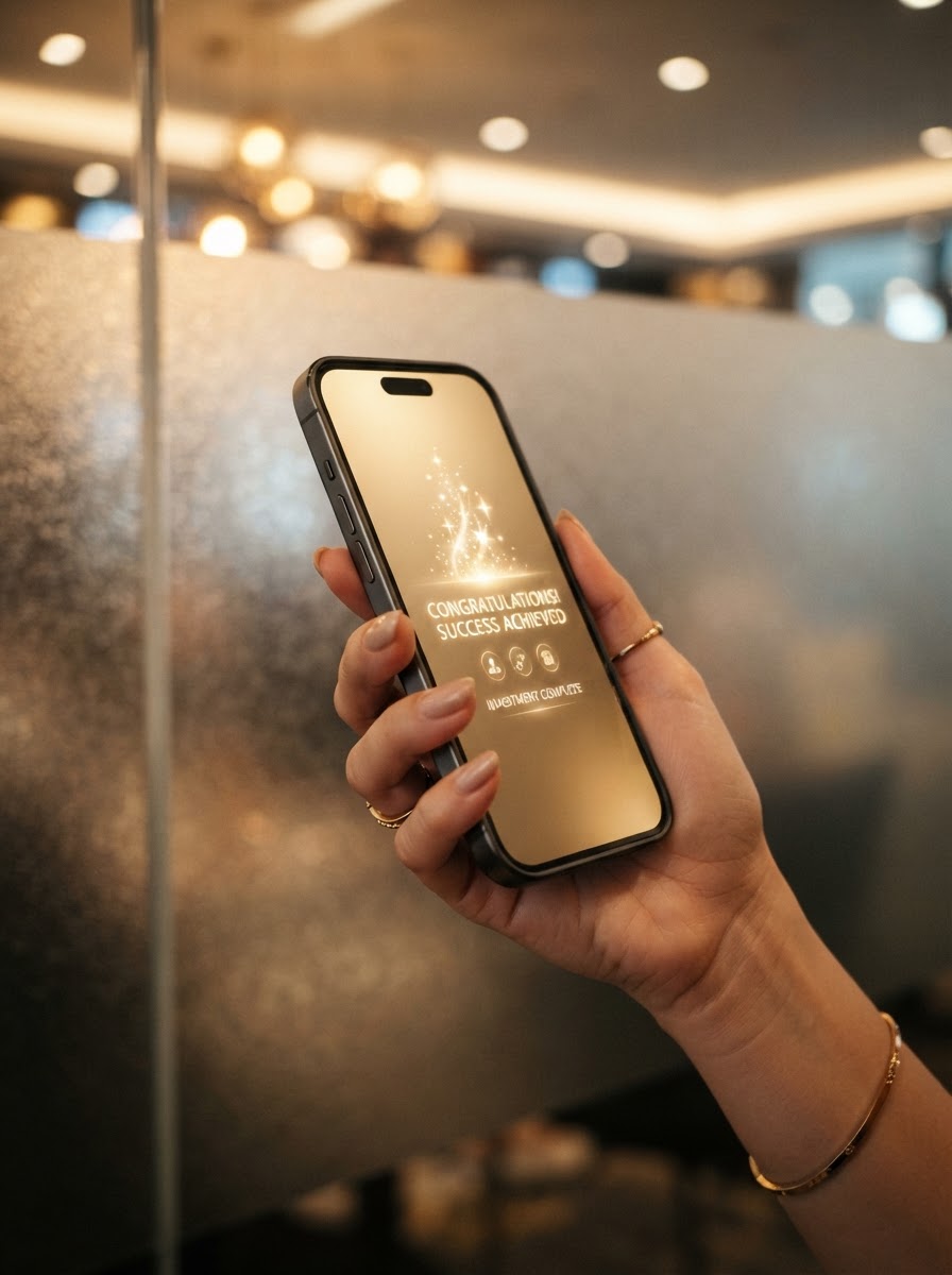 Hand mit Smartphone und goldem Licht