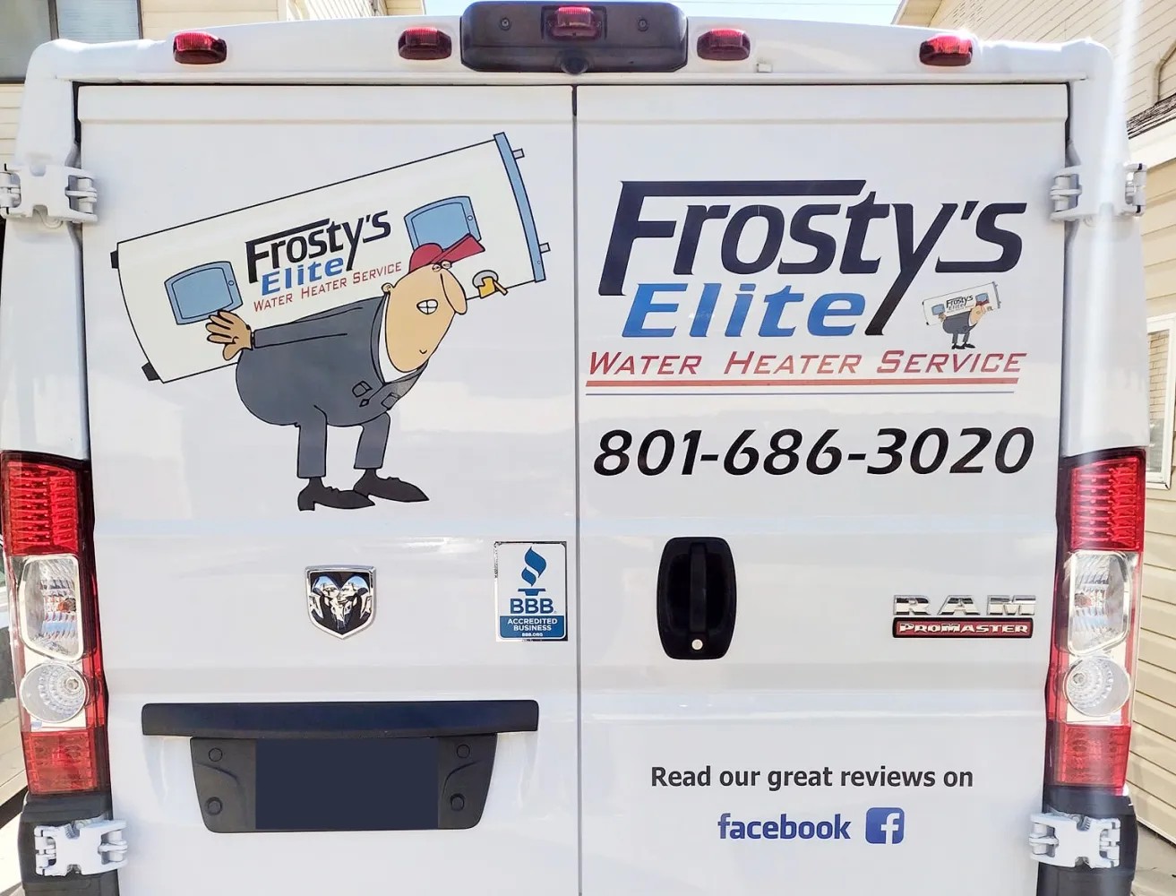 Frosty's Elite Water Heater Service van with logo and phone number (801) 686-3020