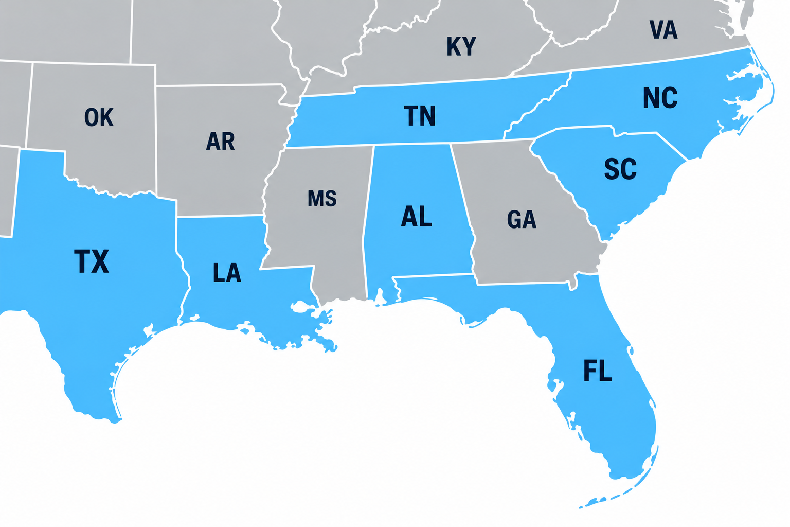 Map of US Southern region highlighting Blue Cross Blue Shield referral states: Texas, Louisiana, Alabama, Tennessee, Florida, South Carolina, and North Carolina