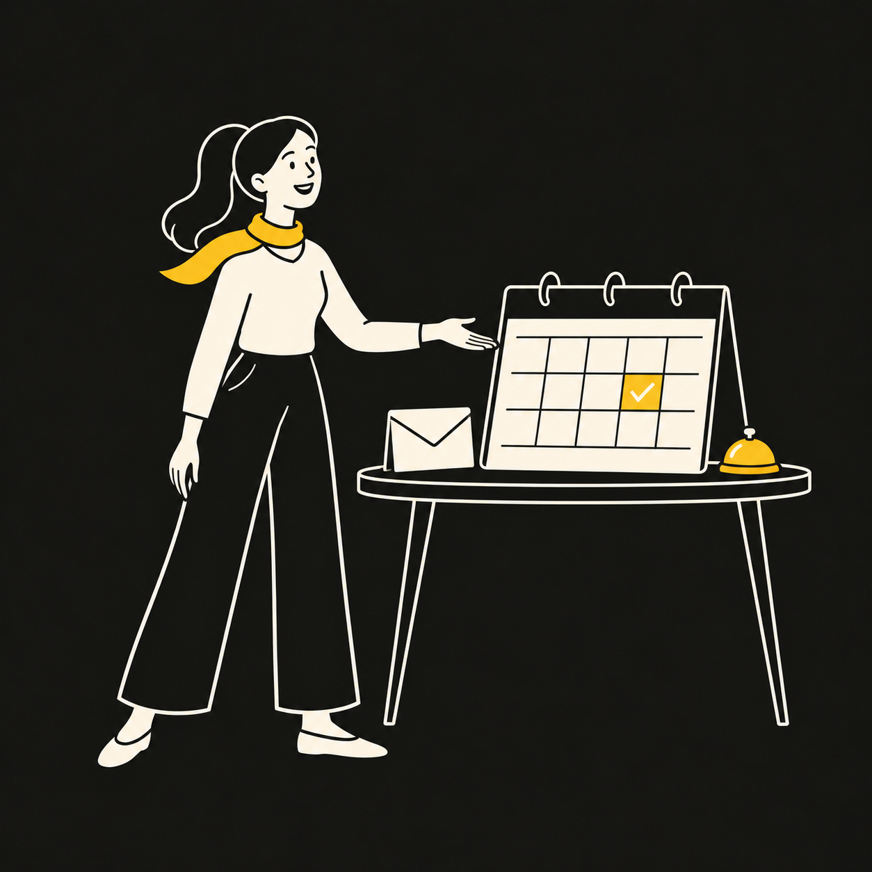 Eine Frau zeigt auf einen Kalender neben einem Briefumschlag und einer Erinnerungsglocke.