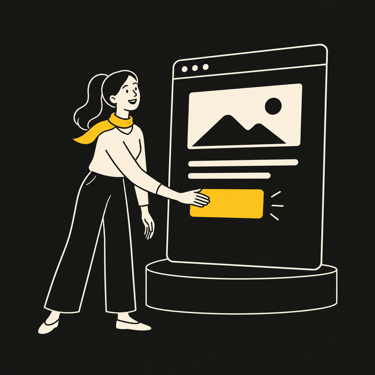 Eine Frau steht neben einer Website und weist auf einen gelben Aktionsbutton