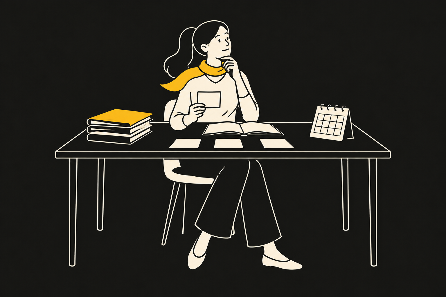 Eine Frau sitzt zwischen Notizbuch, Arbeitsunterlagen und Kalender und überlegt, was zuerst ansteht.
