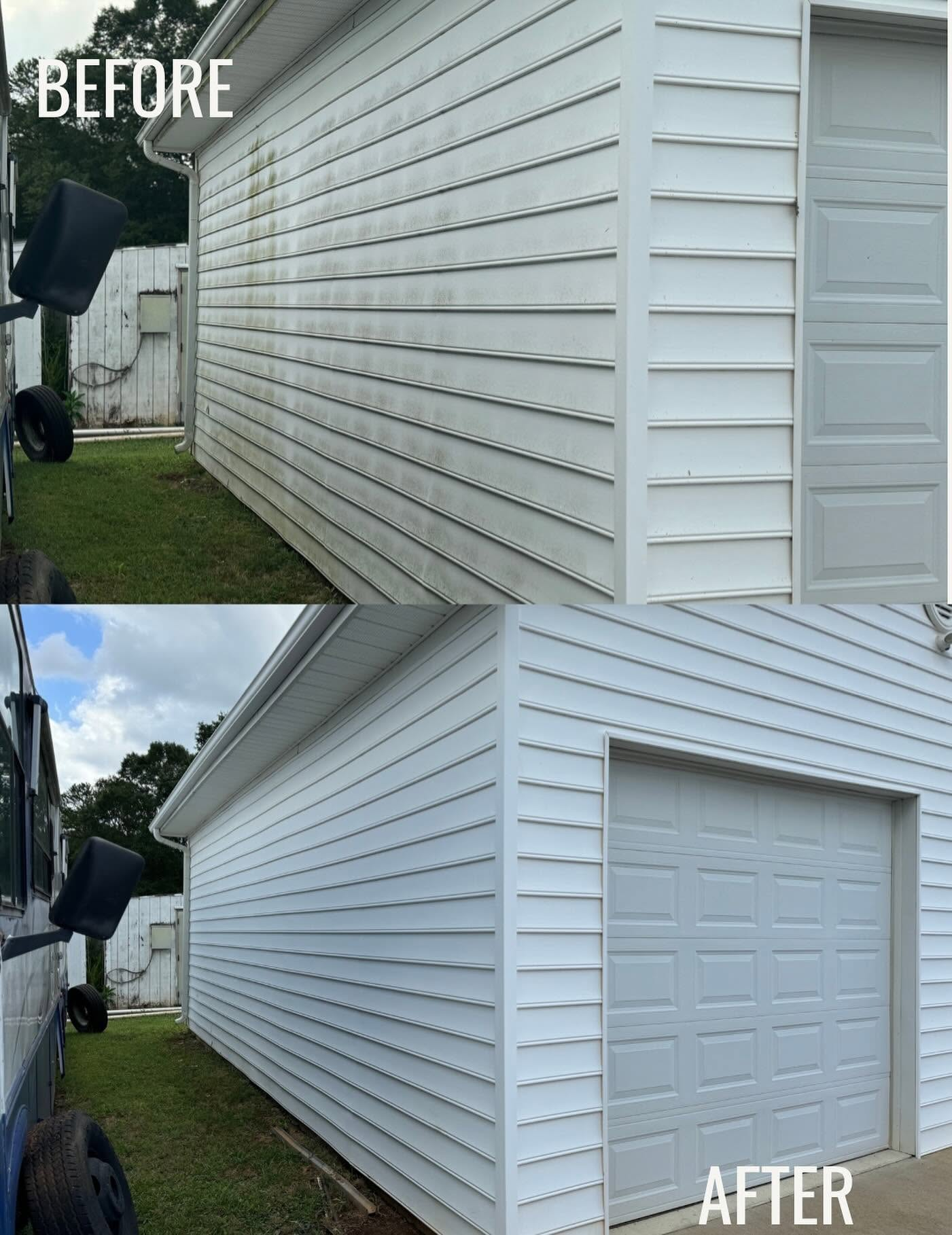 Before and after pressure washing garage and exterior siding in Upstate SC