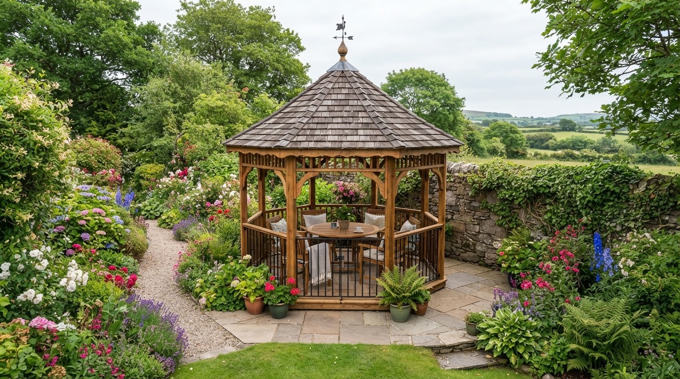 Wooden garden gazebo in a Cork garden