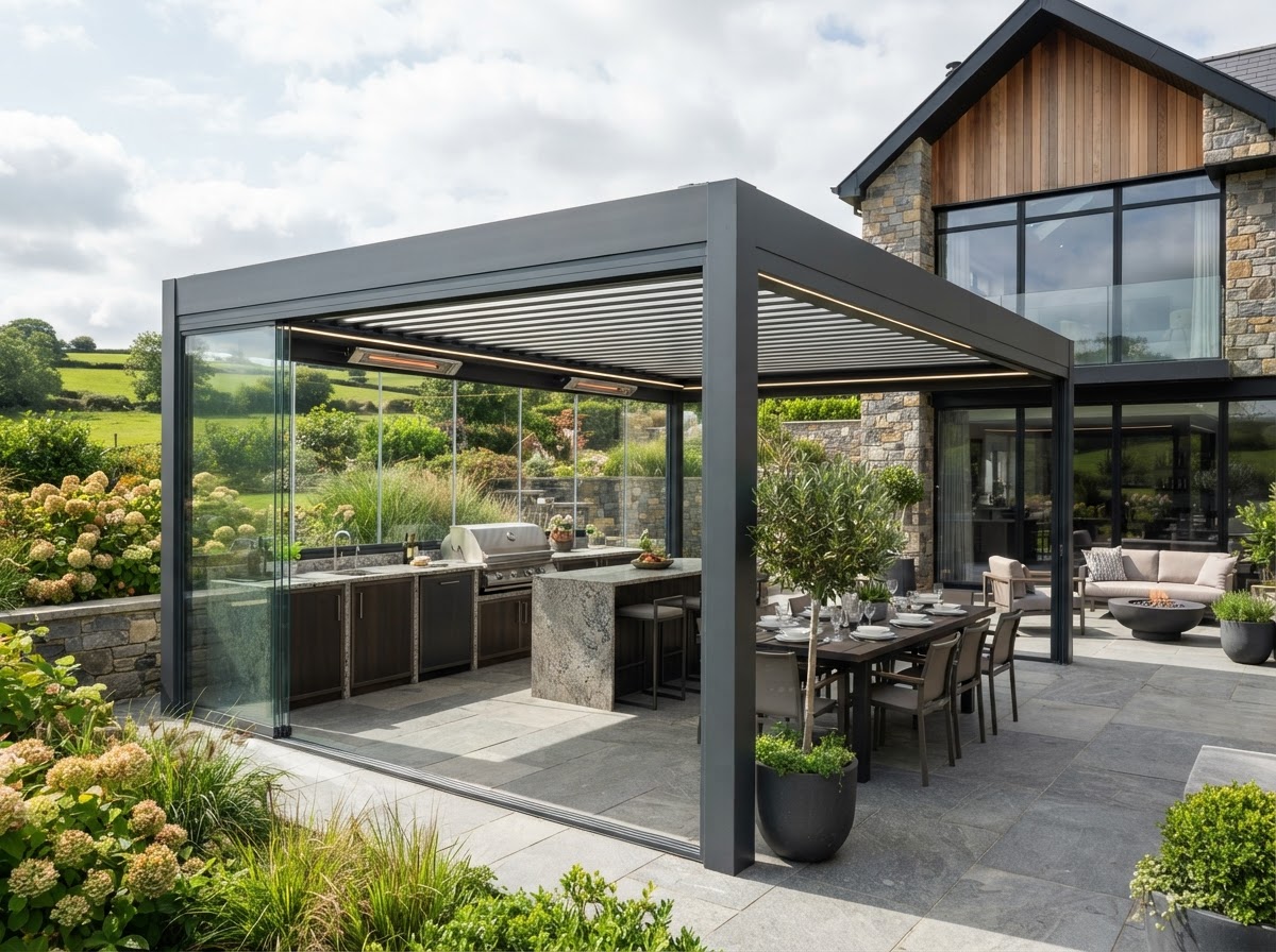 Large aluminium pergola covering an outdoor kitchen area