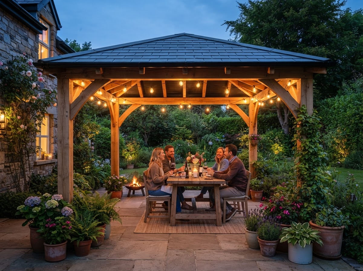 Timber pergola with covered roof over a patio dining area