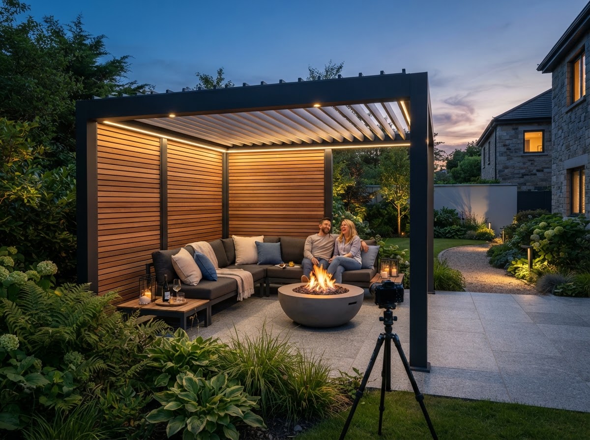 Aluminium pergola with privacy screens and integrated lighting