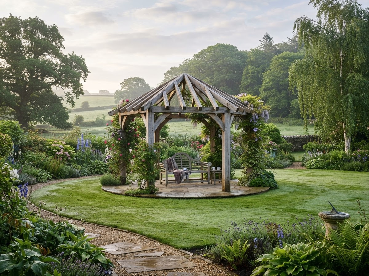 Freestanding timber pergola in a large green garden