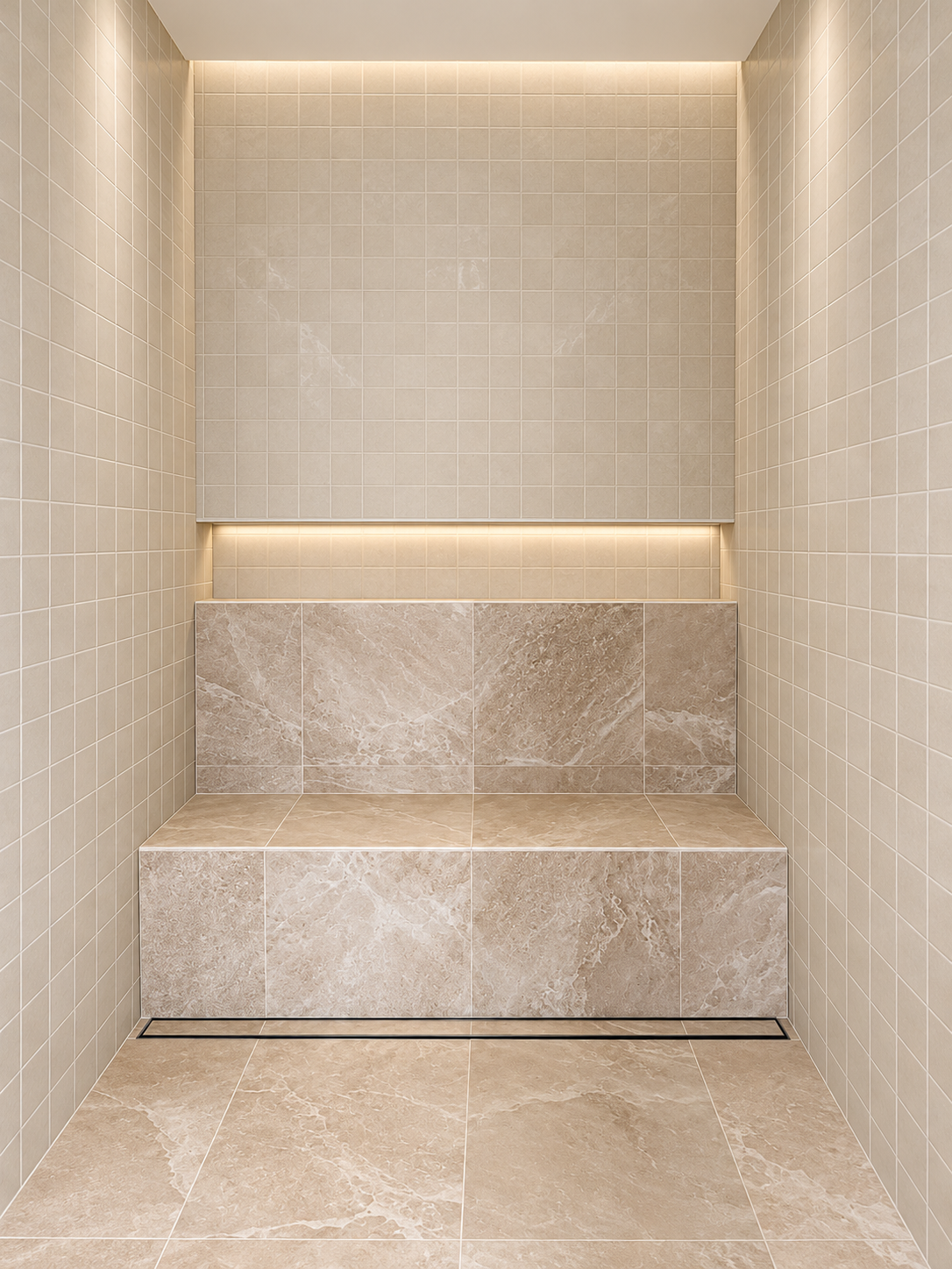 Symmetrical beige marble tiled steam shower with recessed niche by LYY Tiling & Waterproofing