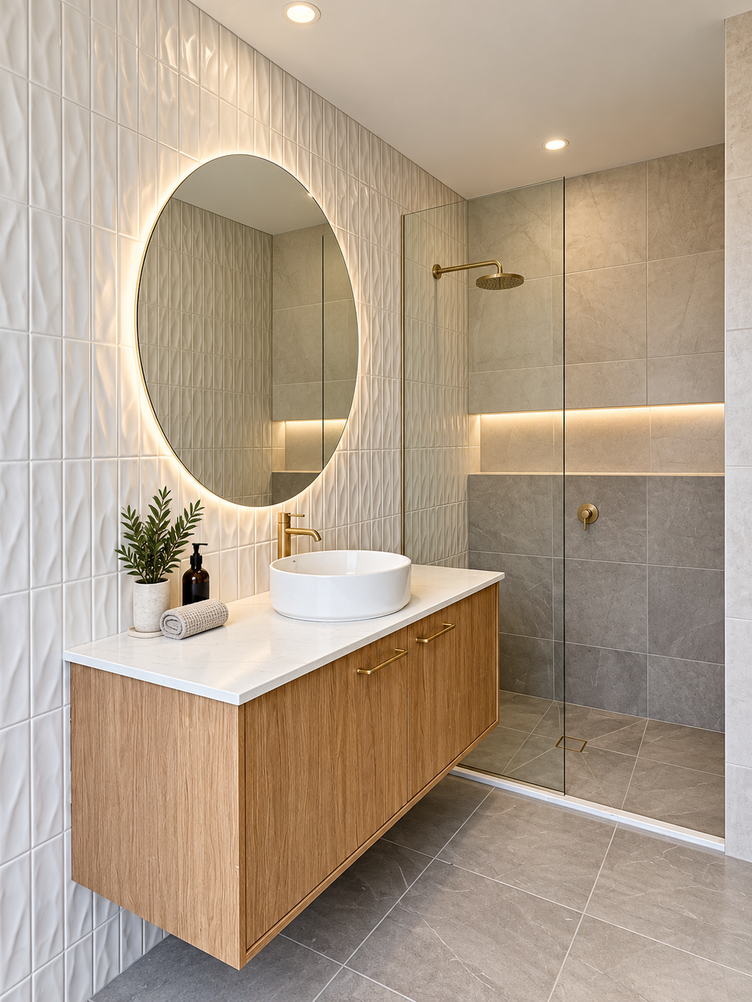 Warm minimalist bathroom retreat with floor and wall tiling by LYY Tiling & Waterproofing