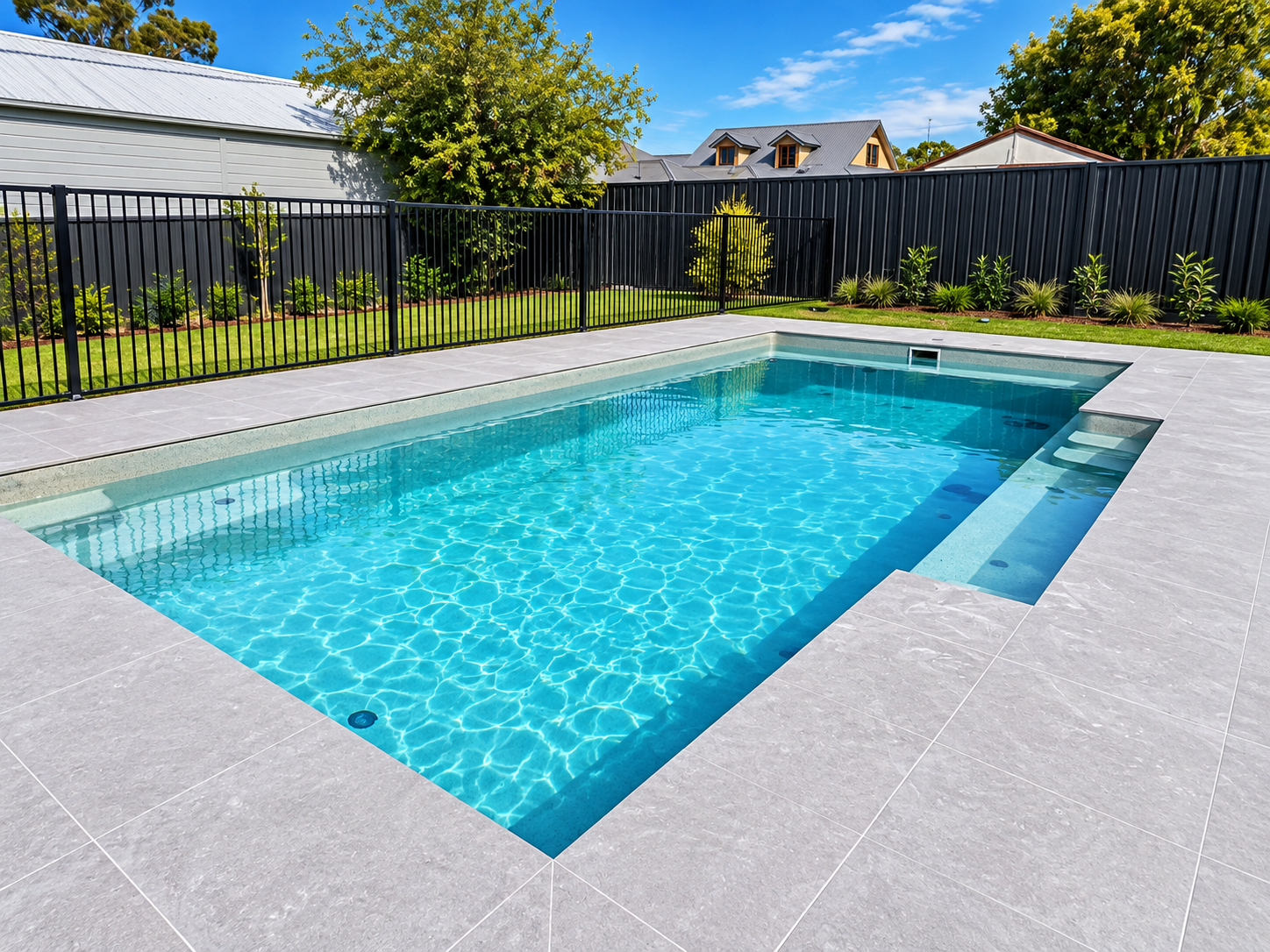 Modern backyard pool retreat and outdoor porcelain paving by LYY Tiling & Waterproofing