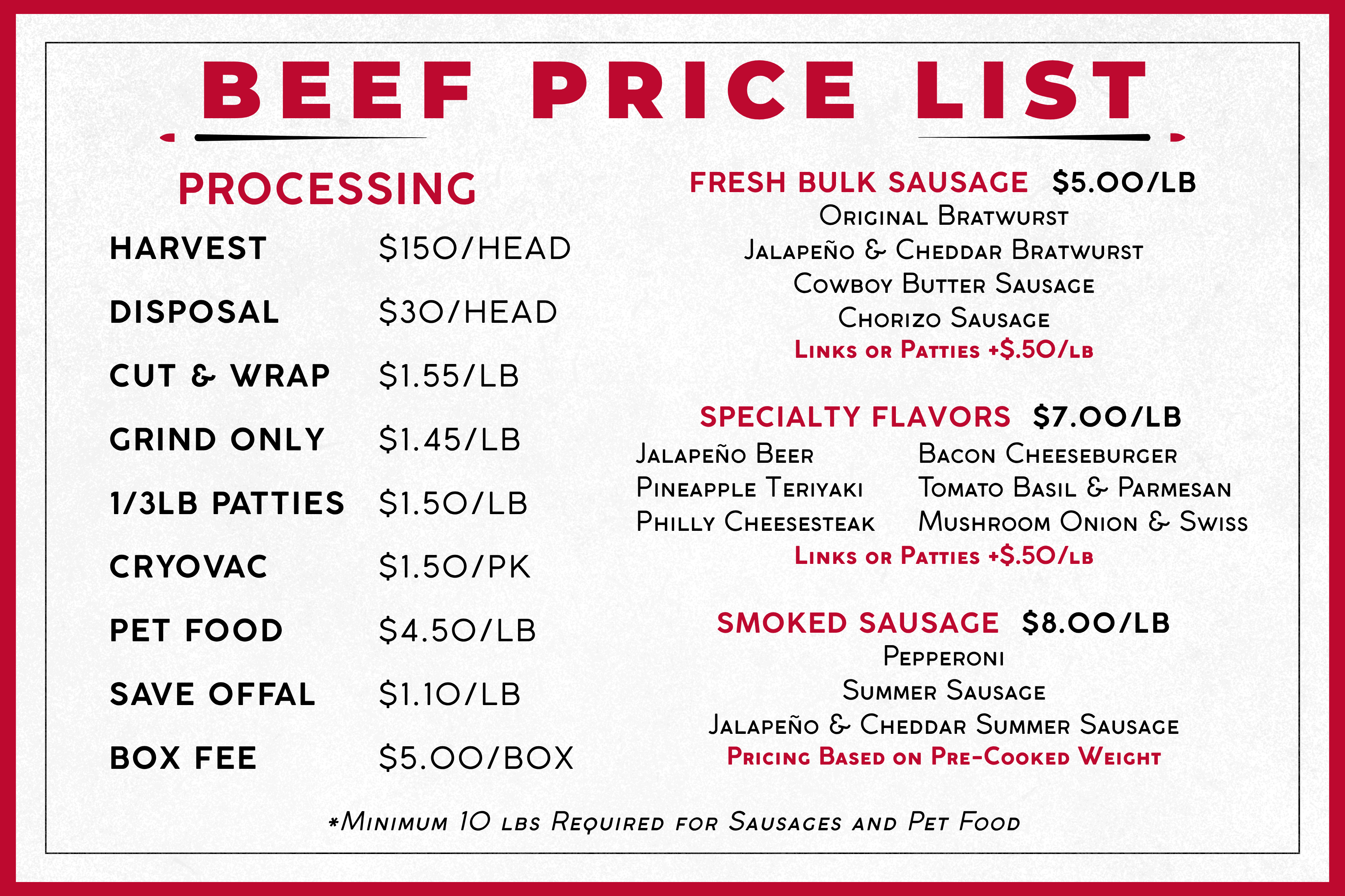 Beef price list poster design by Longshot Branding